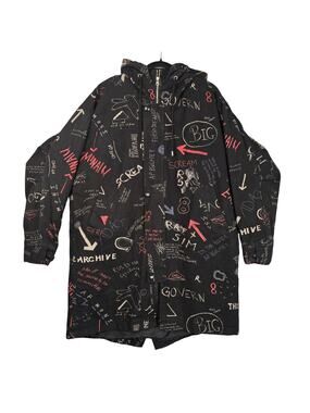 America Jacket Mens Large Black Hooded Parka Full Zip All Over Print Graphic